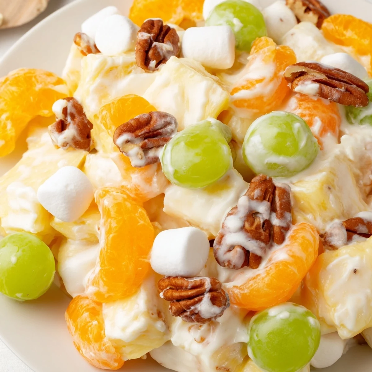 Creamy pineapple salad glistening in a bowl with bright mandarin oranges and halved grapes
