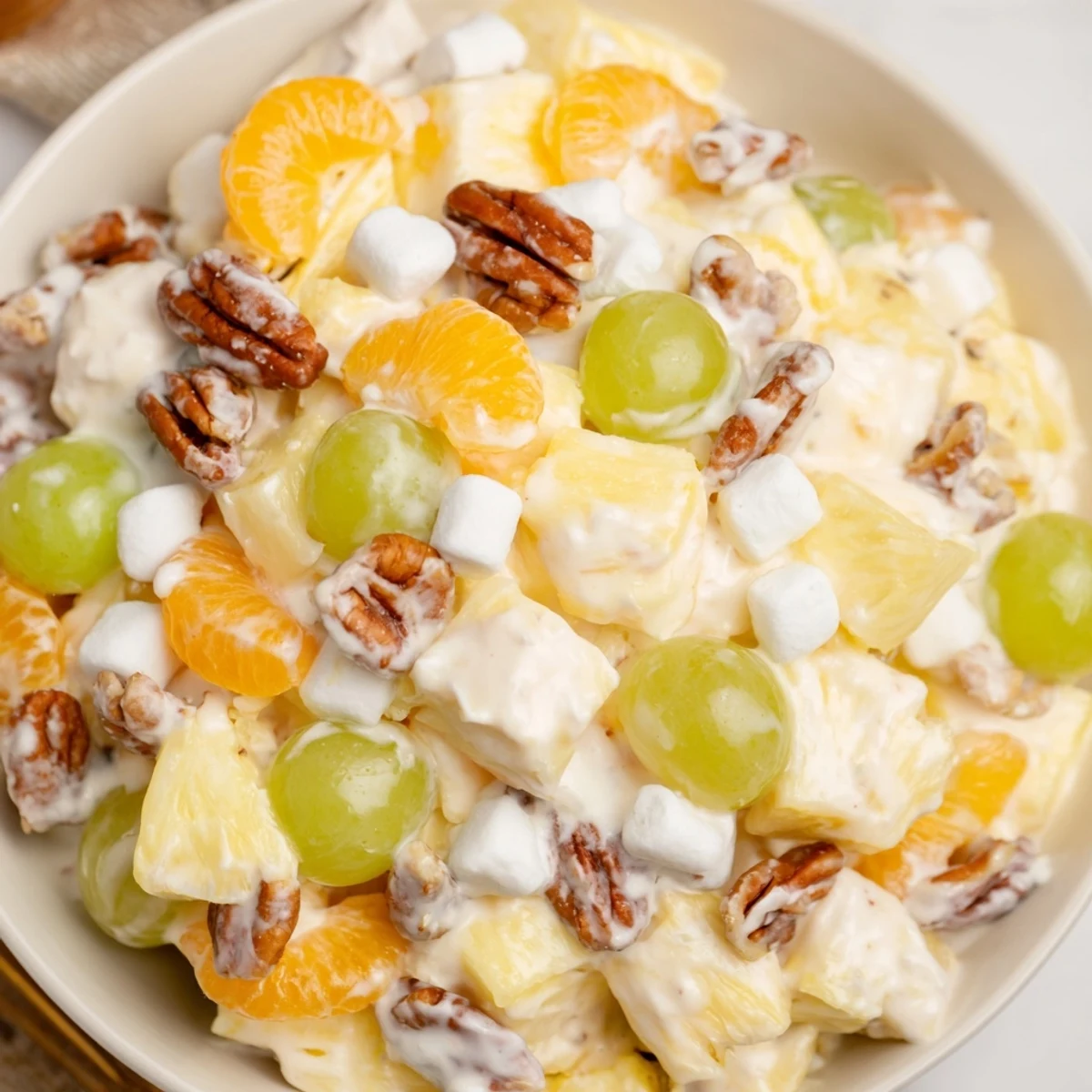 Golden pineapple chunks and juicy grapes coated in a tangy sour cream dressing