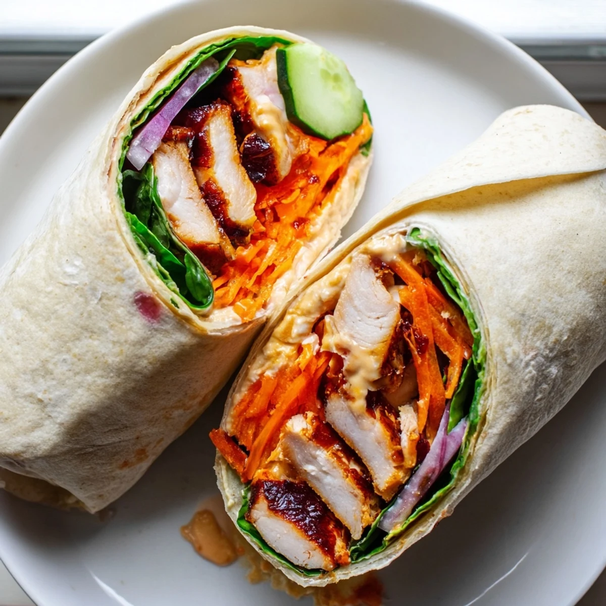 Vegemite charred chicken wrap filled with crisp veggies and creamy dijon sauce