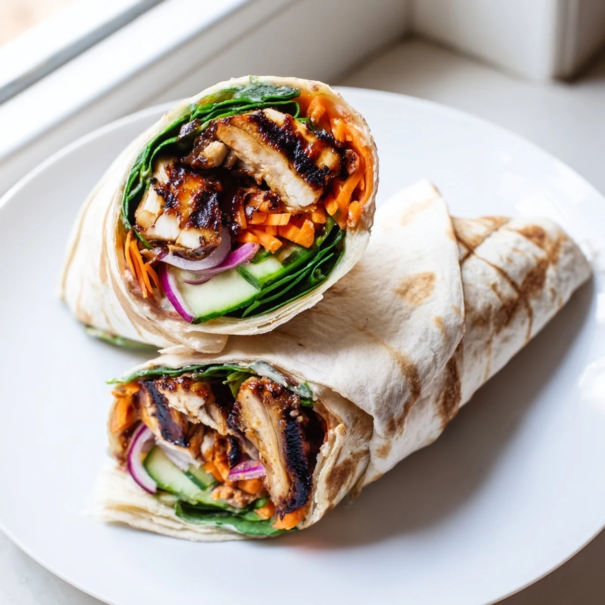 Grilled Vegemite charred chicken wrap rolled in a warm flour tortilla with fresh spinach
