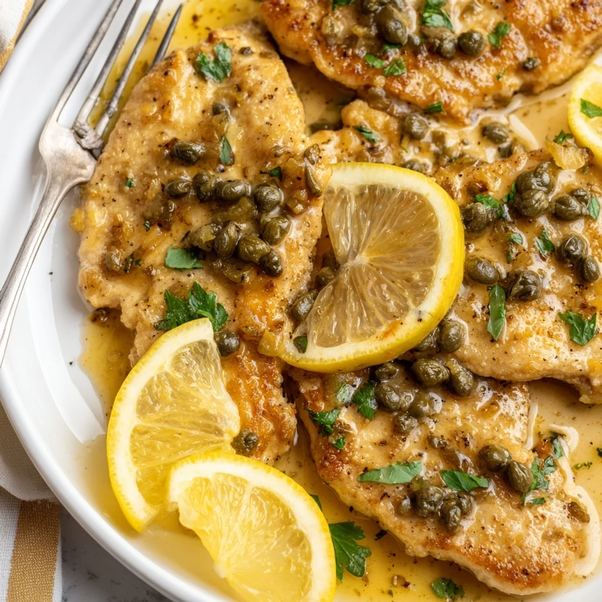Tender Crock Pot Lemony Chicken Piccata garnished with fresh parsley and bright lemon slices
