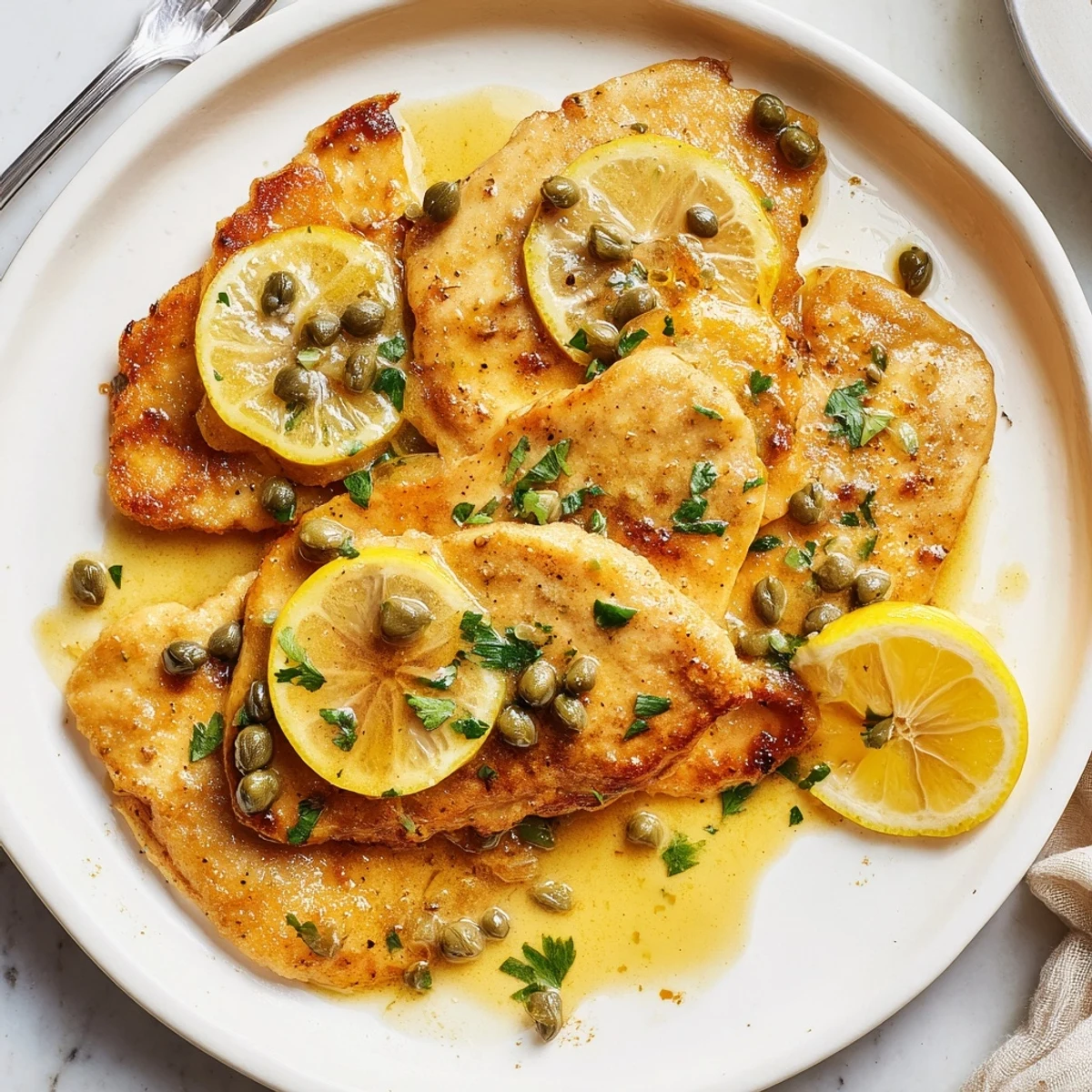 Crock Pot Lemony Chicken Piccata smothered in a tangy lemon caper sauce on a white plate