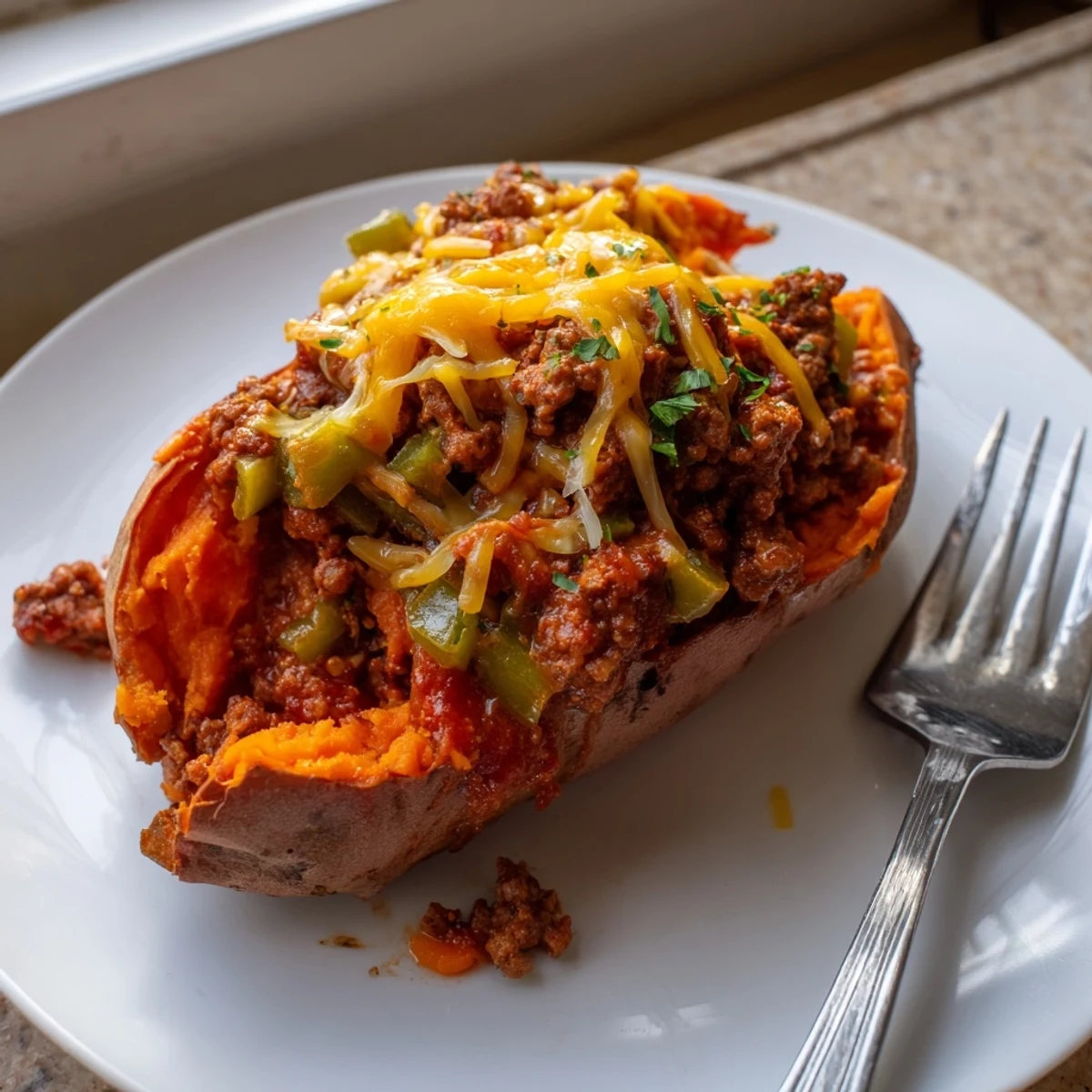 Savory Sloppy Joe sweet potatoes split open and smothered in rich tomato meat sauce