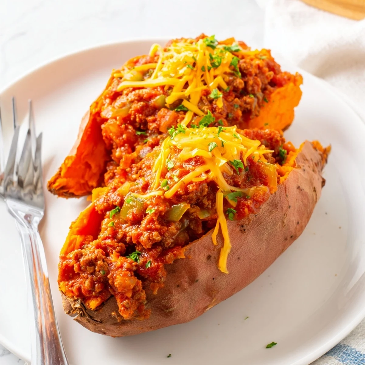 Hearty Sloppy Joe sweet potatoes with spiced beef filling topped with melted cheddar cheese