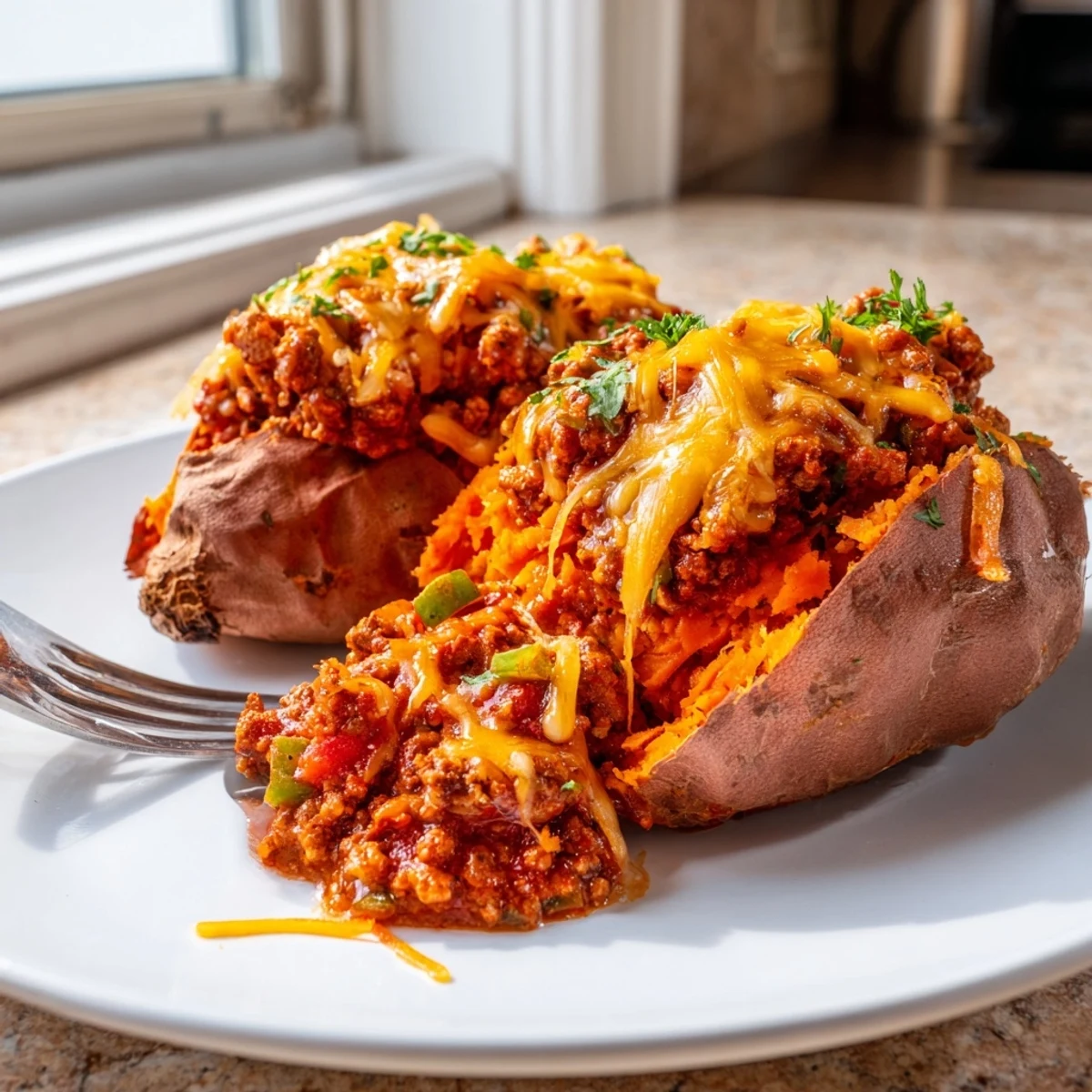 Warm Sloppy Joe sweet potatoes loaded with seasoned ground beef and fresh parsley garnish