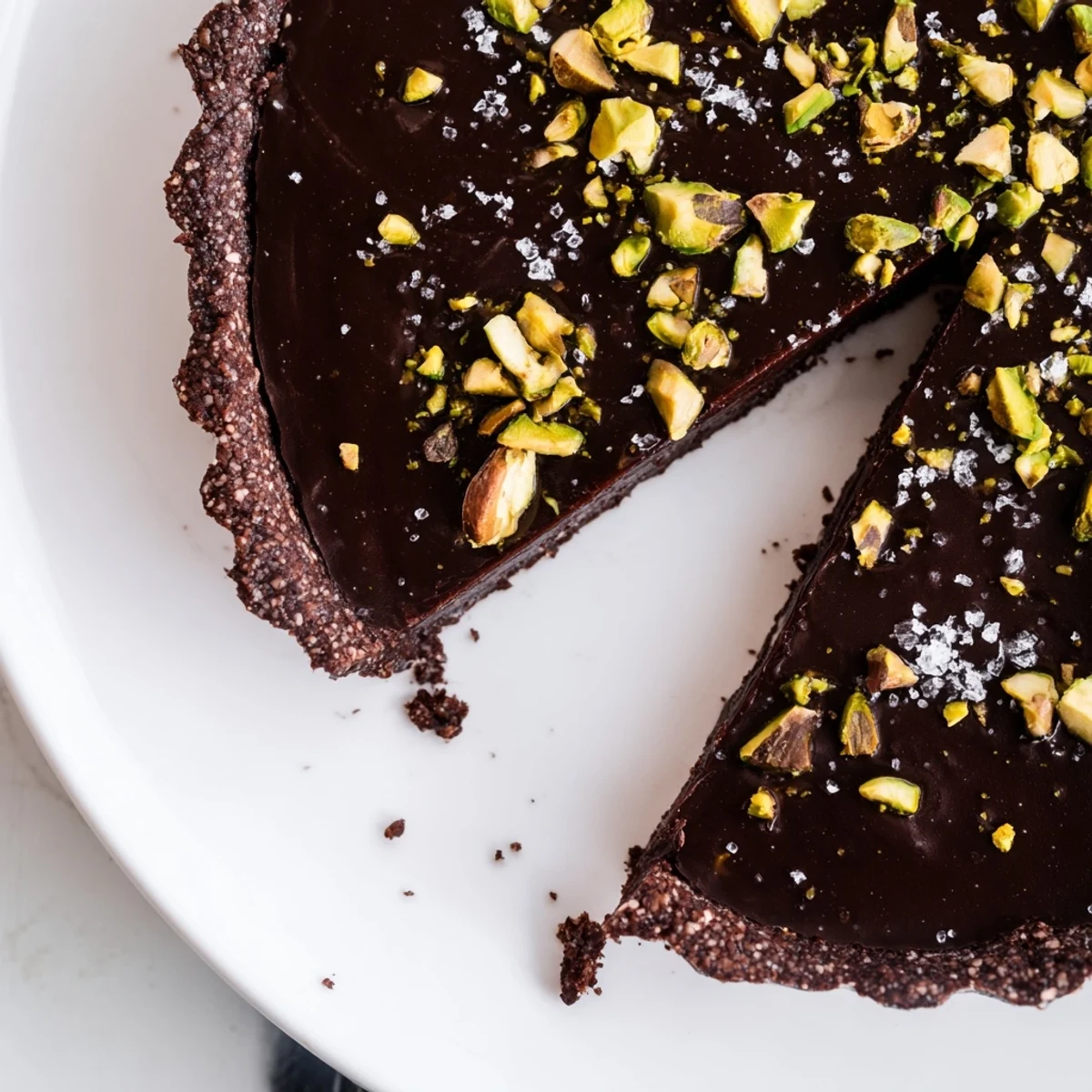 A silky slice of Dark Chocolate Pistachio Tart on a dessert plate