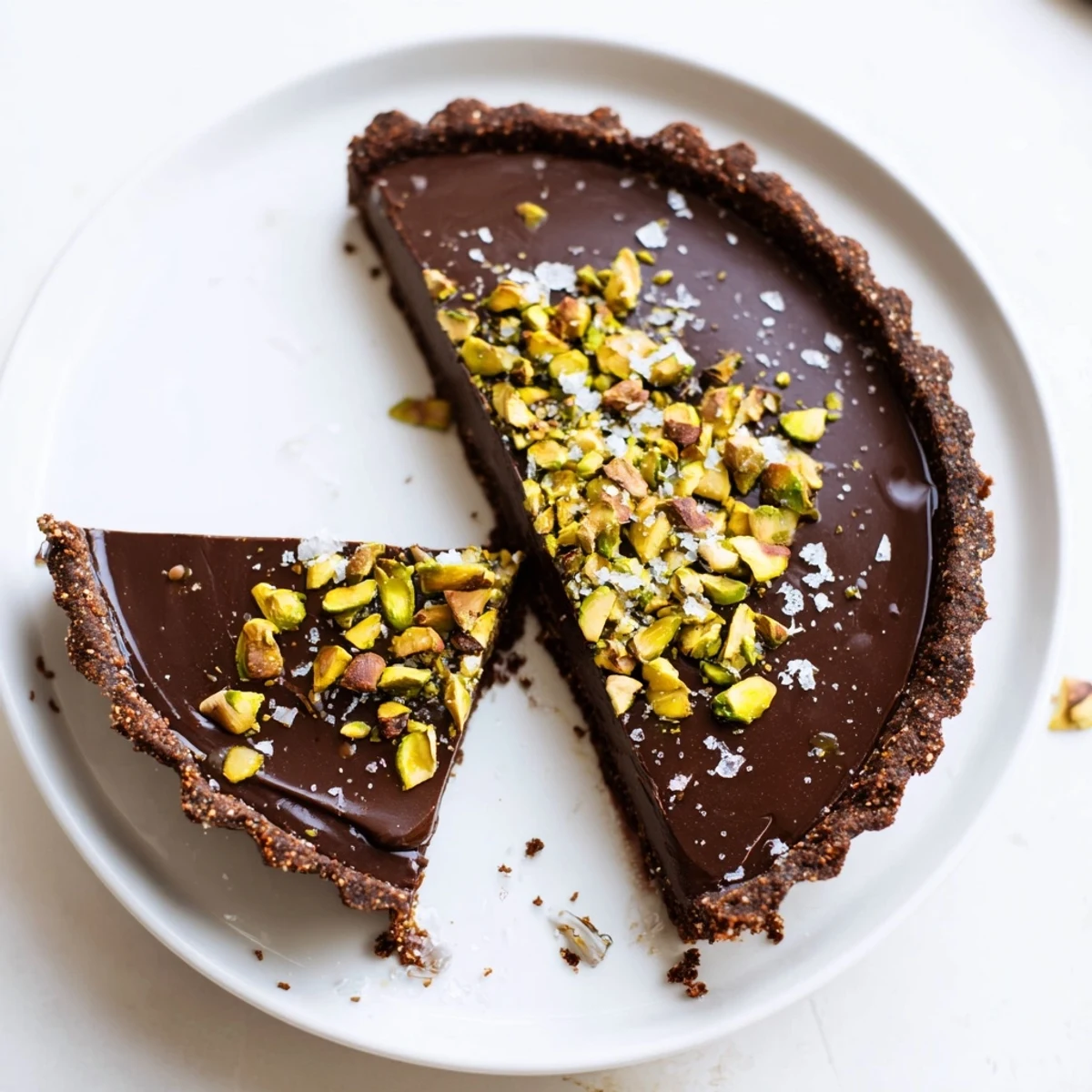 Dark Chocolate Pistachio Tart topped with chopped nuts and a hint of flaky sea salt