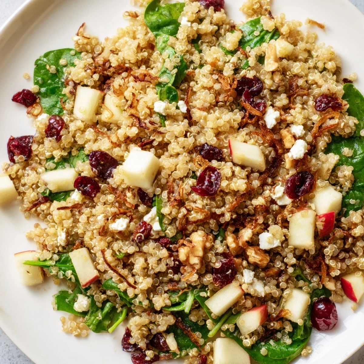 Honey mustard quinoa apple salad drizzled with sweet-tangy dressing and studded with dried cranberries
