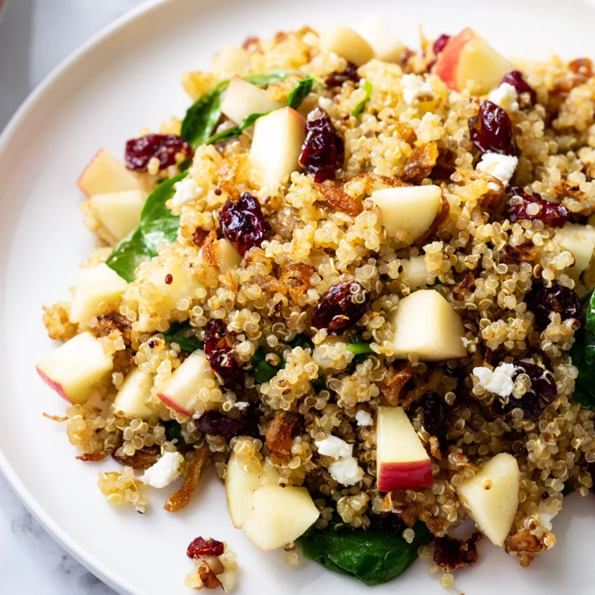 Fluffy quinoa tossed with diced apples and tangy honey mustard dressing in a rustic bowl