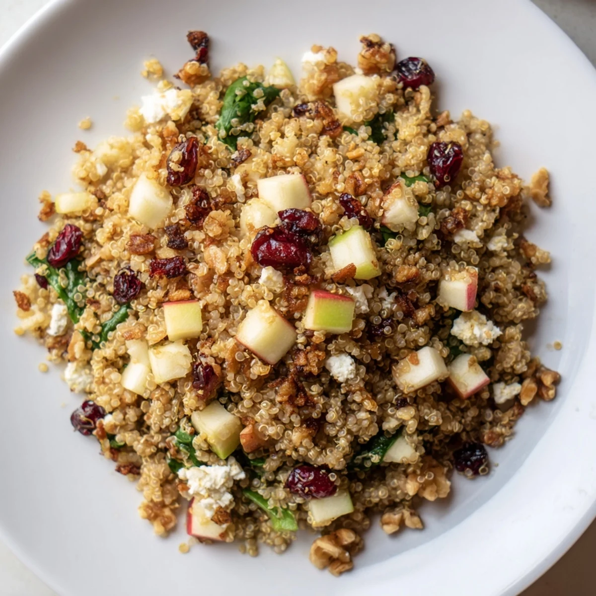 A vibrant honey mustard quinoa apple salad crowned with golden crispy shallots and fresh greens