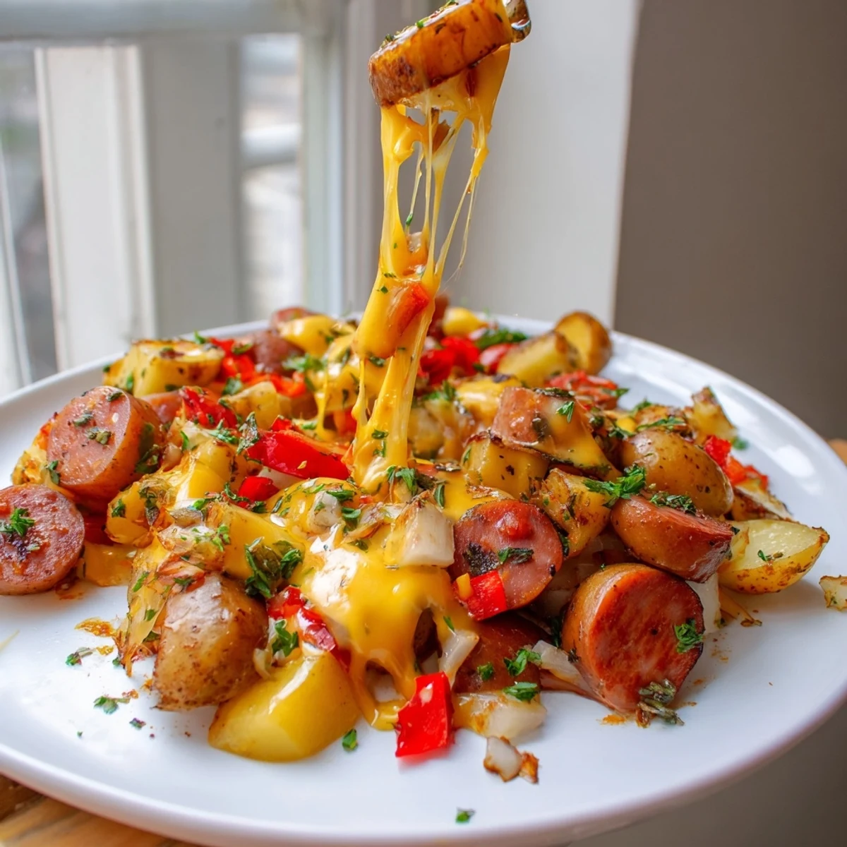 Cheesy Kielbasa Skillet with golden potatoes and melted cheddar in a cast iron pan
