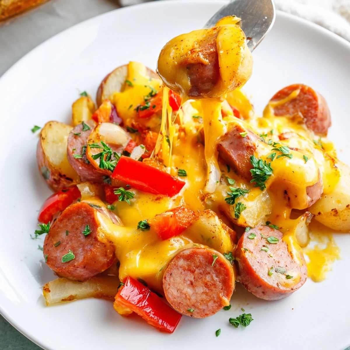 Smoky kielbasa slices nestled among tender potatoes and bubbling melted cheddar cheese