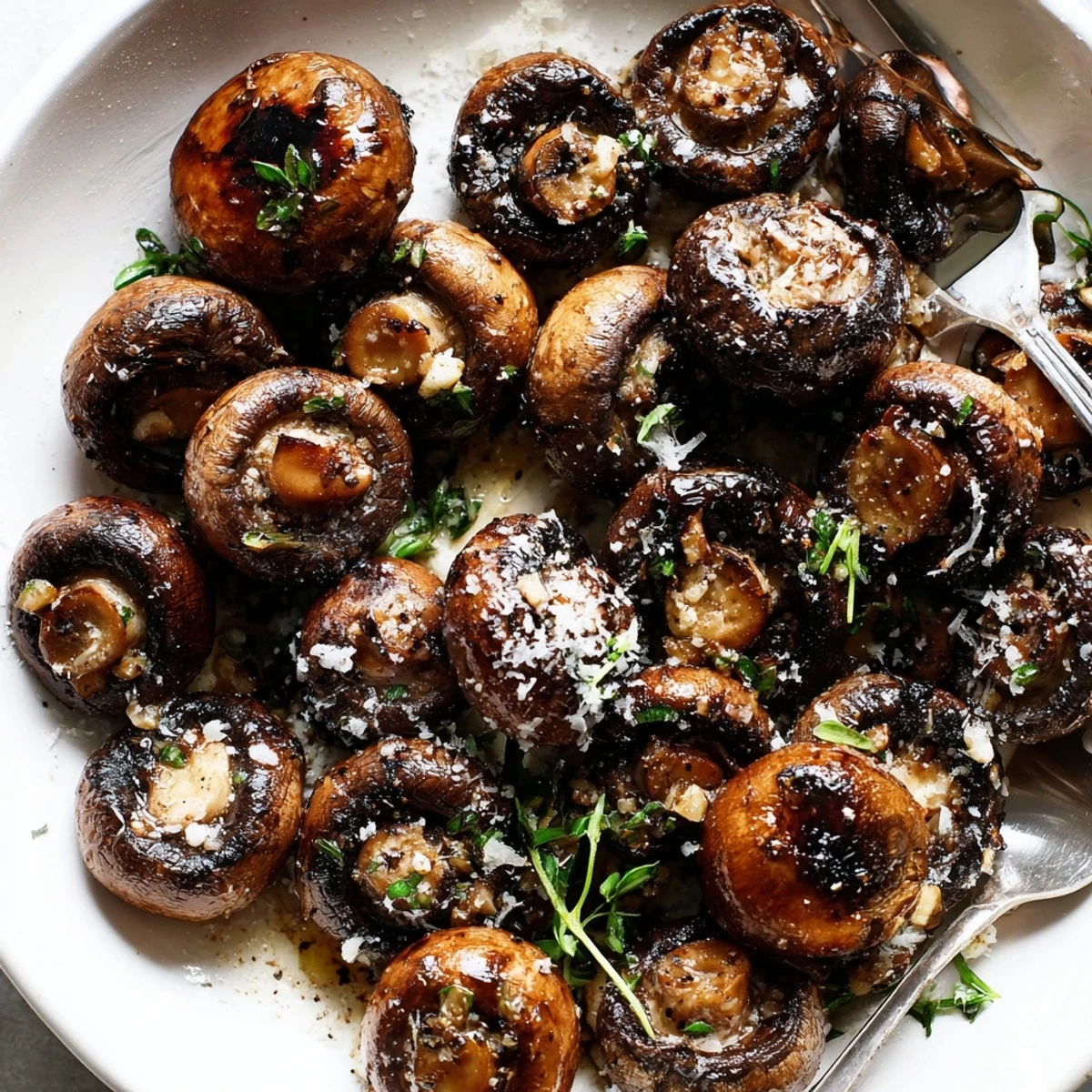 Sizzling grilled garlic mushrooms topped with parsley and Parmesan cheese