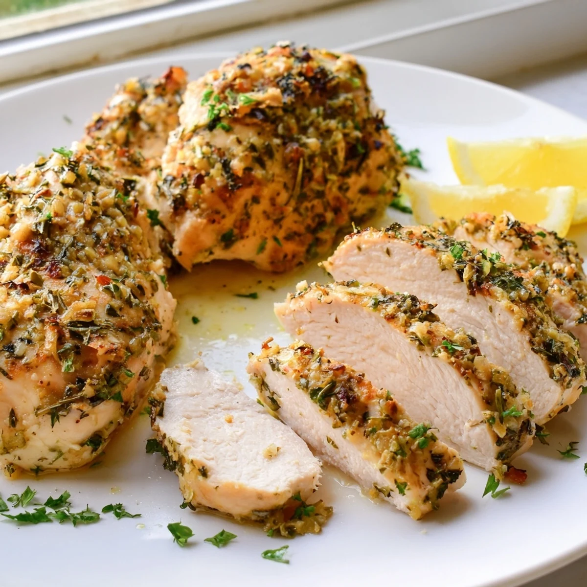 Golden Savory Garlic Herb Chicken topped with fresh parsley and lemon wedges