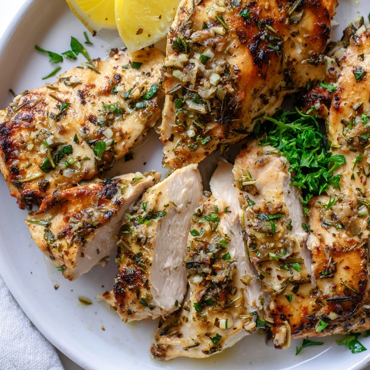 Juicy Savory Garlic Herb Chicken with roasted herbs on a white dinner plate