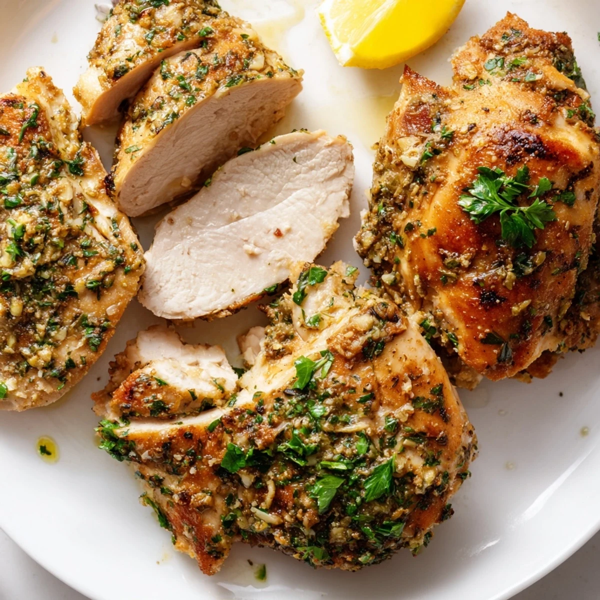 Savory Garlic Herb Chicken sliced open revealing tender meat with garlic herb bits
