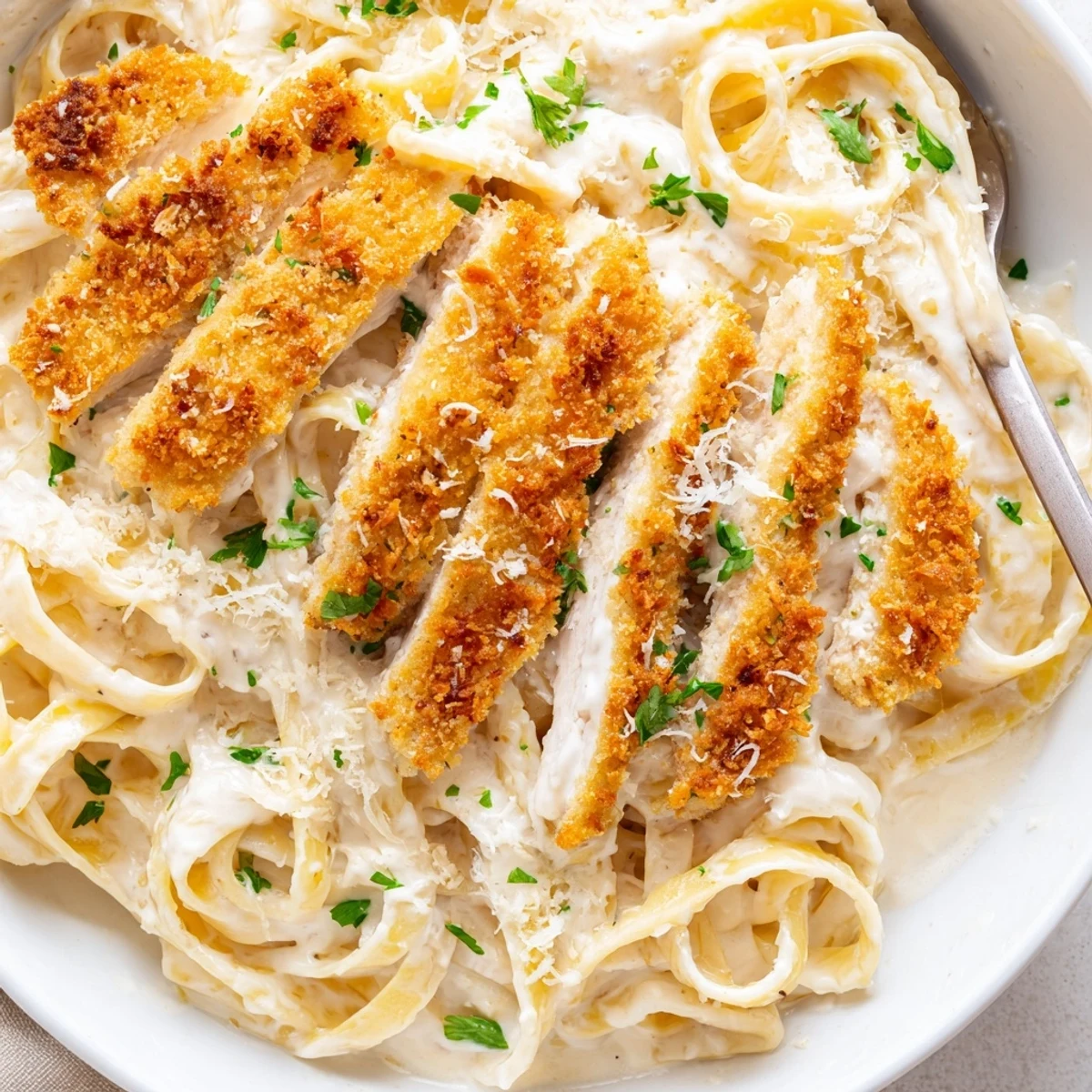 Golden crispy chicken Alfredo served over creamy fettuccine with melted Parmesan and fresh parsley
