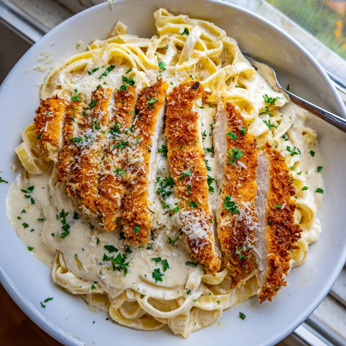 Crispy chicken Alfredo in a rich velvety cream sauce topped with crunchy panko-cutlet slices