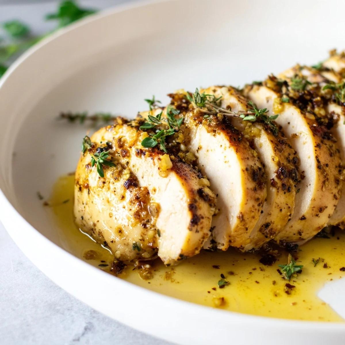 Golden garlic butter baked chicken breast with herbs on a white baking dish