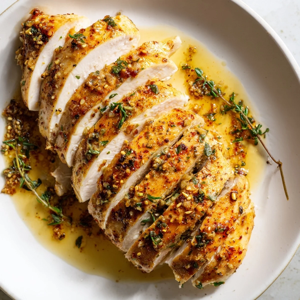 Tender garlic butter baked chicken breast sliced open revealing moist seasoned meat