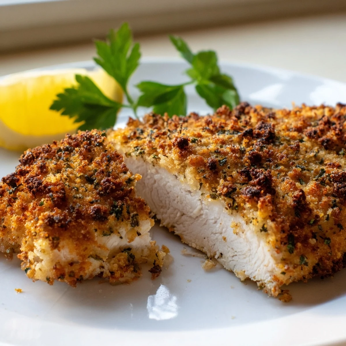 Golden crispy Savory Herbed Parmesan Chicken plated with fresh parsley and lemon wedges