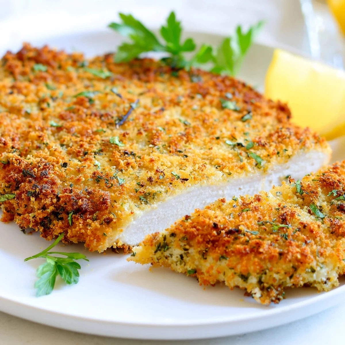 Juicy Savory Herbed Parmesan Chicken fresh from the oven with a bubbling cheese crust