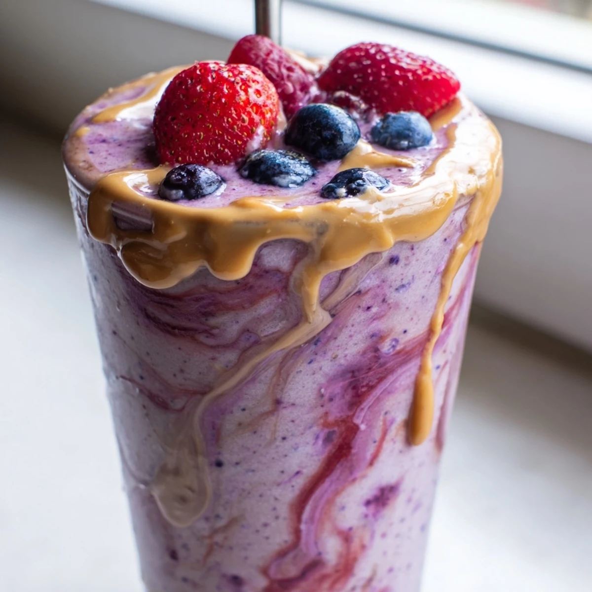 Thick peanut butter berry smoothie topped with fresh strawberries in a glass