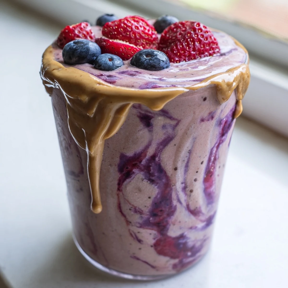 Creamy purple peanut butter berry smoothie poured into a mason jar