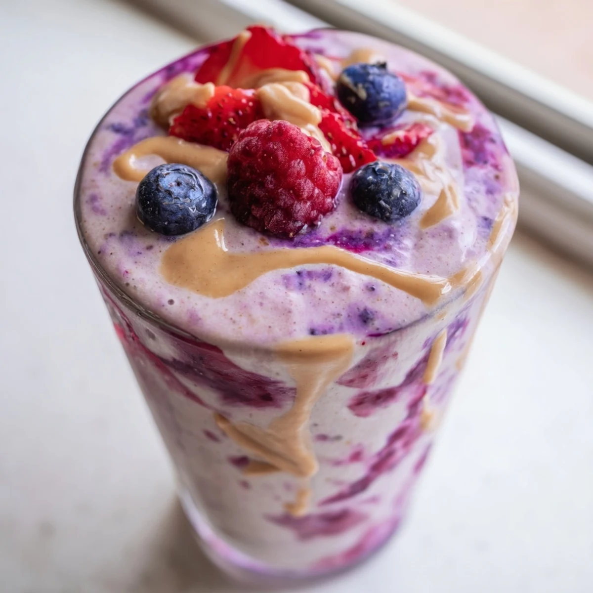 Blended peanut butter berry smoothie served alongside ripe bananas and granola