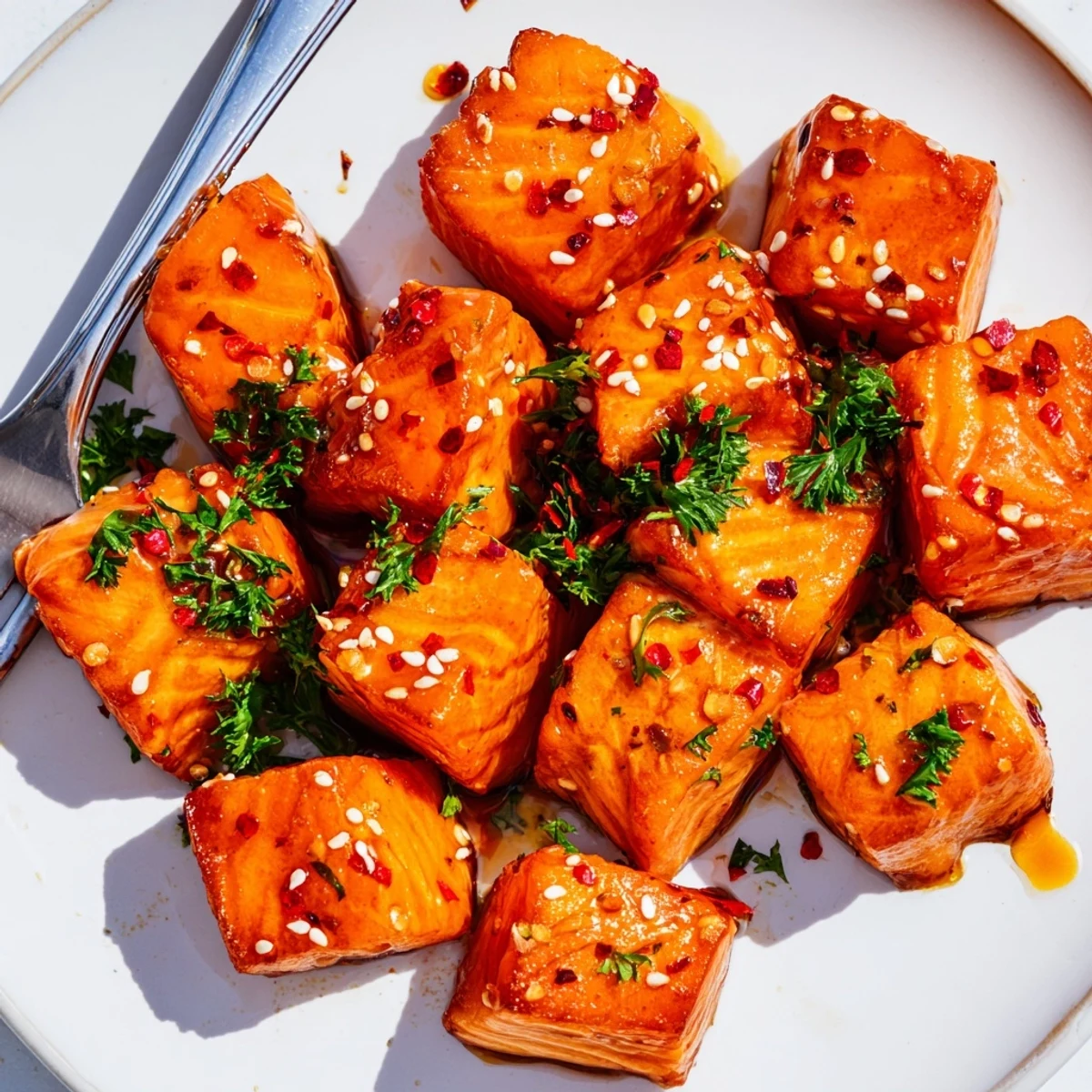 Caramelized hot honey salmon bites glistening with a glossy sweet and spicy glaze