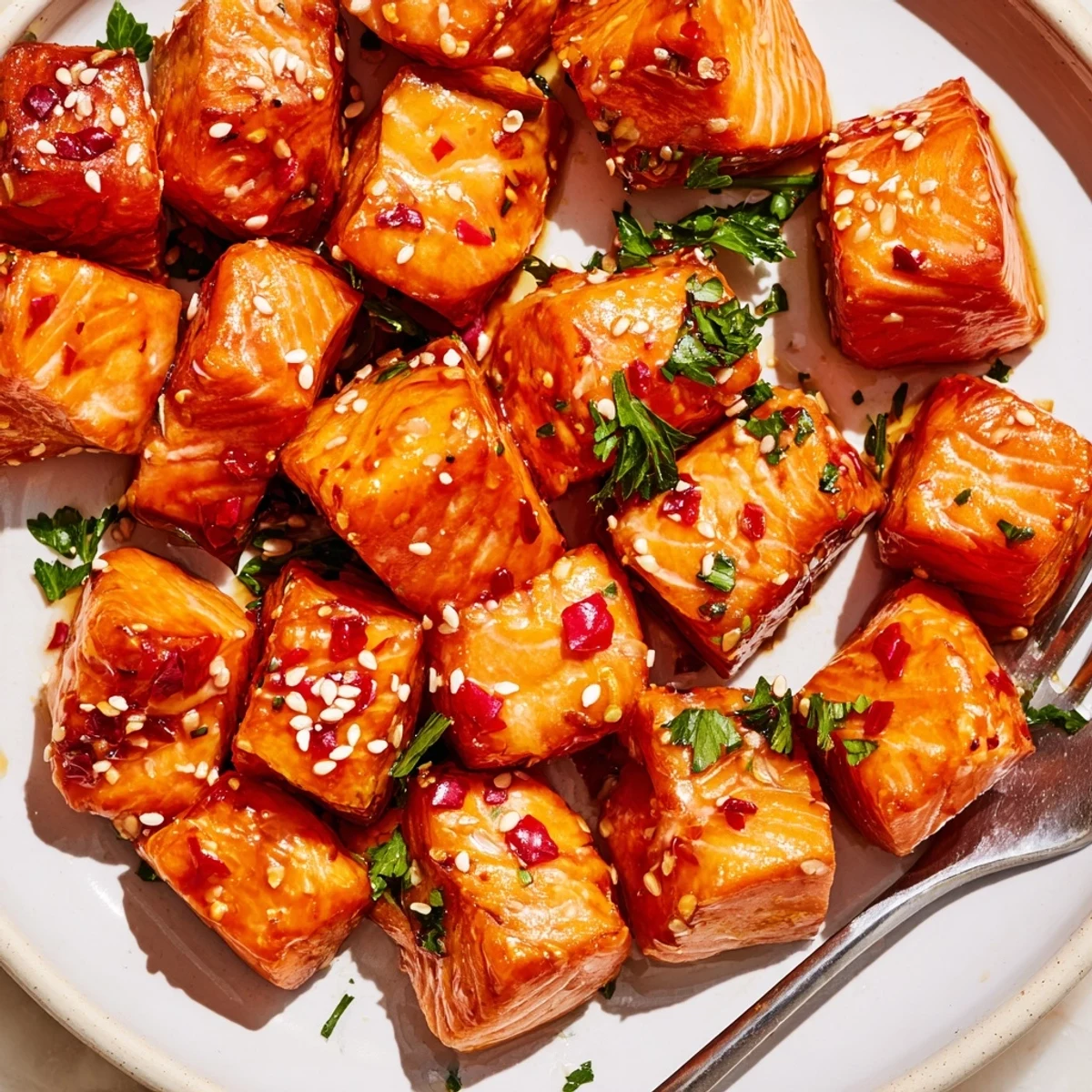 Crispy-edged hot honey salmon bites topped with fresh parsley and sesame seeds