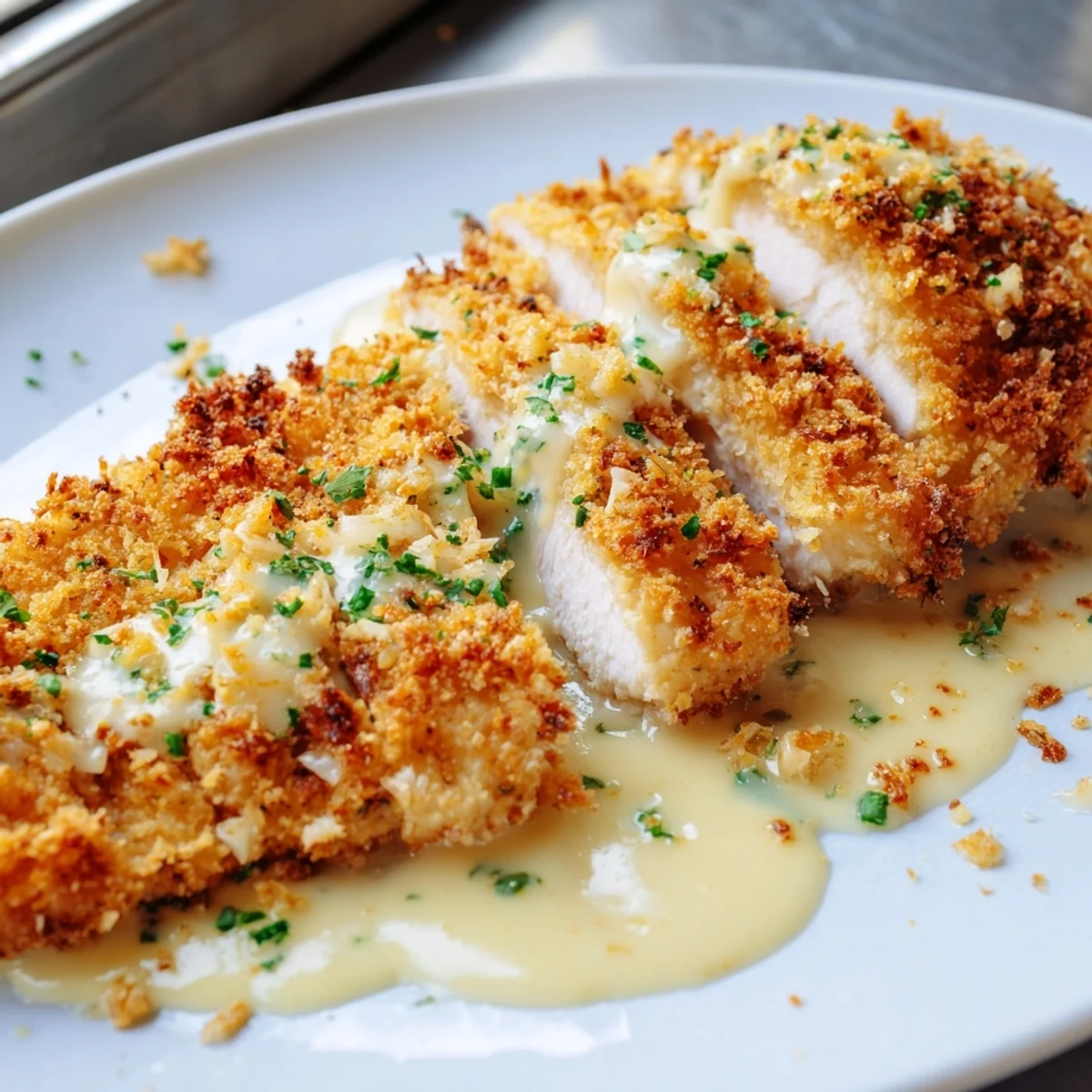 Golden crispy Parmesan chicken breasts drizzled with rich, creamy garlic sauce on a white plate