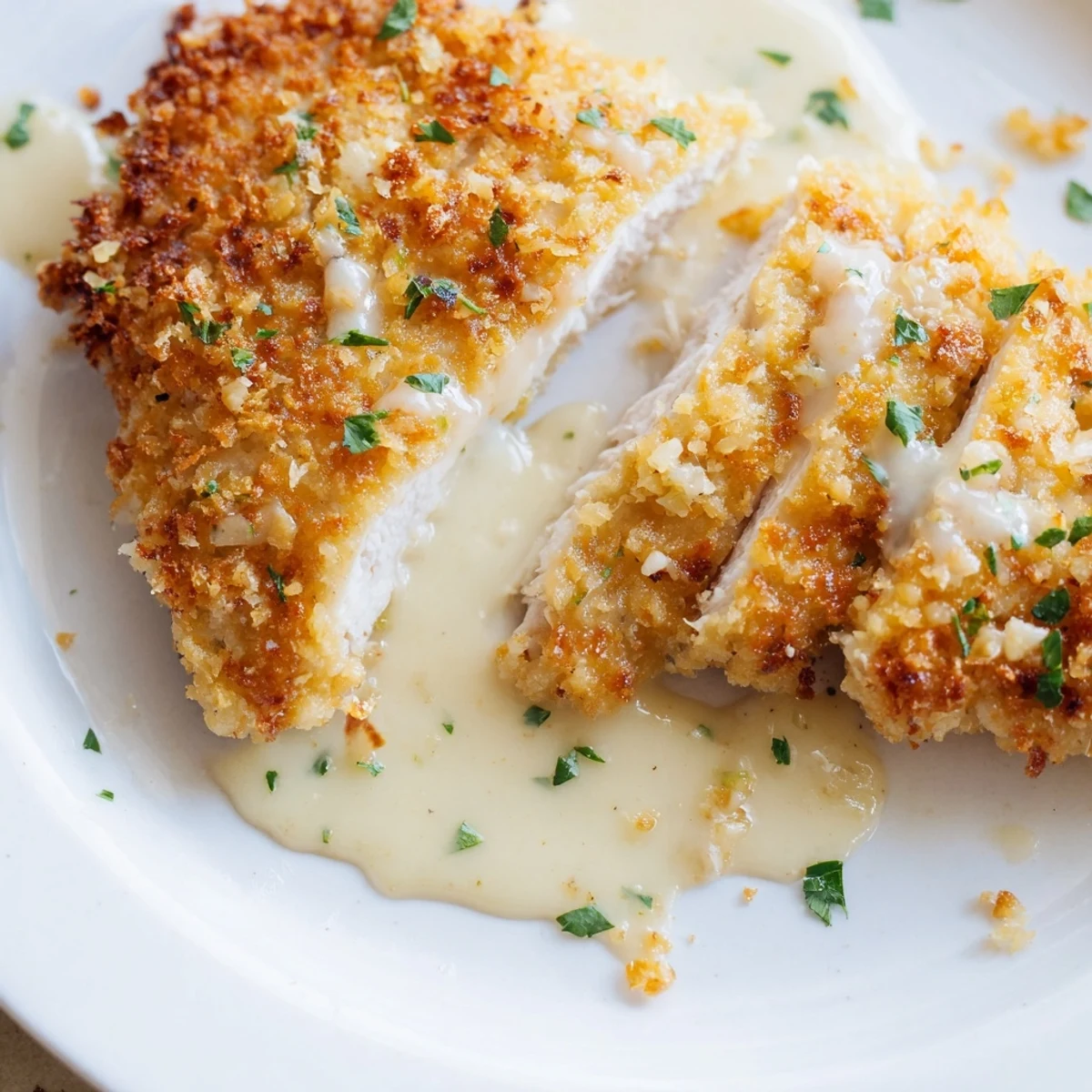 Crispy Parmesan chicken with creamy garlic sauce served over buttery mashed potatoes with parsley garnish