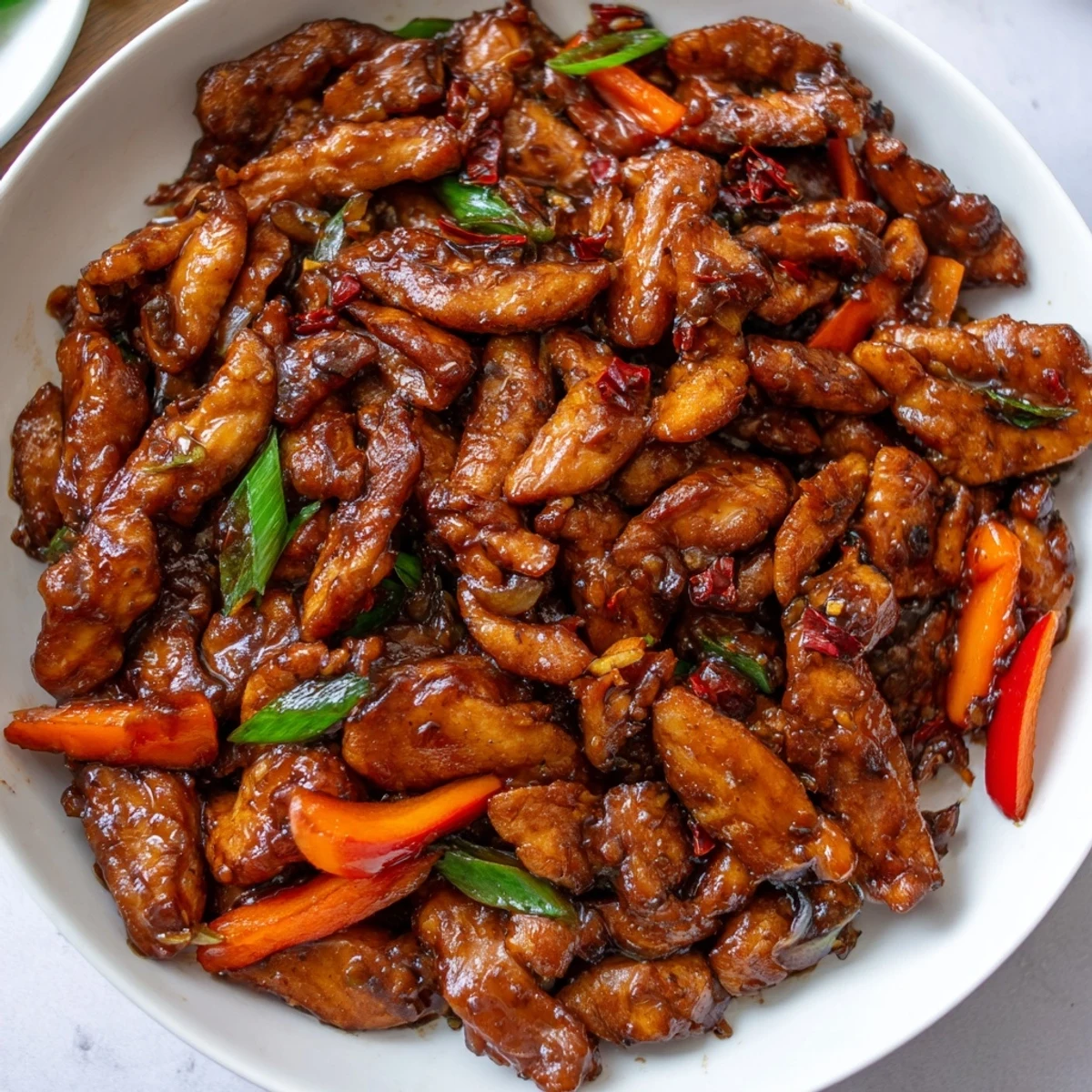 Golden stir fried Chinese garlic chicken sizzling in a wok with crisp colorful vegetables and glossy sauce