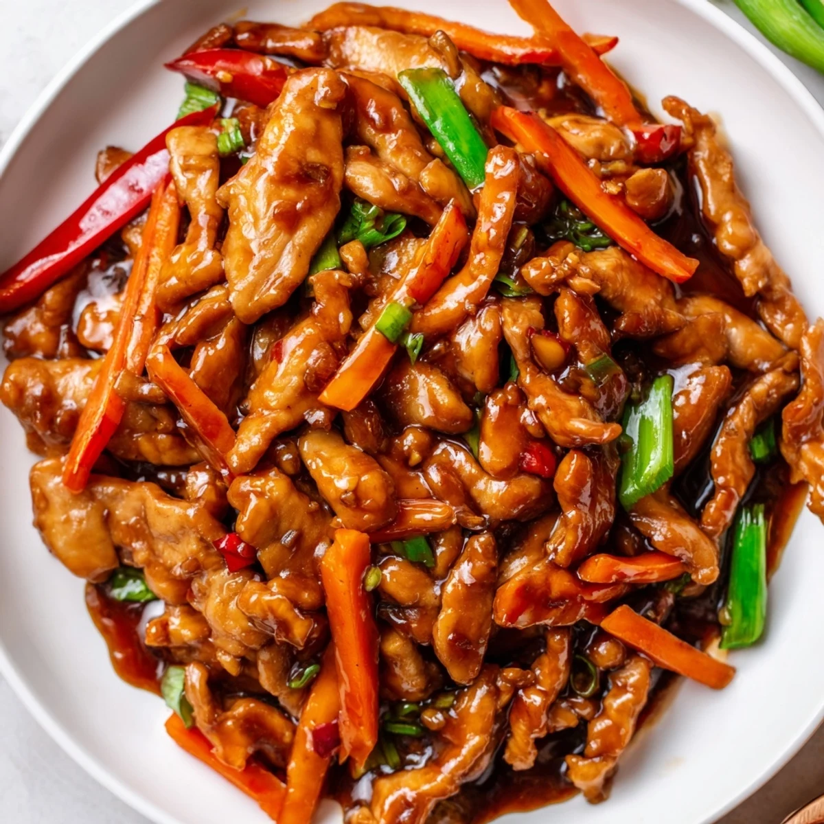 Tender stir fried Chinese garlic chicken plated over fluffy white rice with vibrant red peppers and scallions