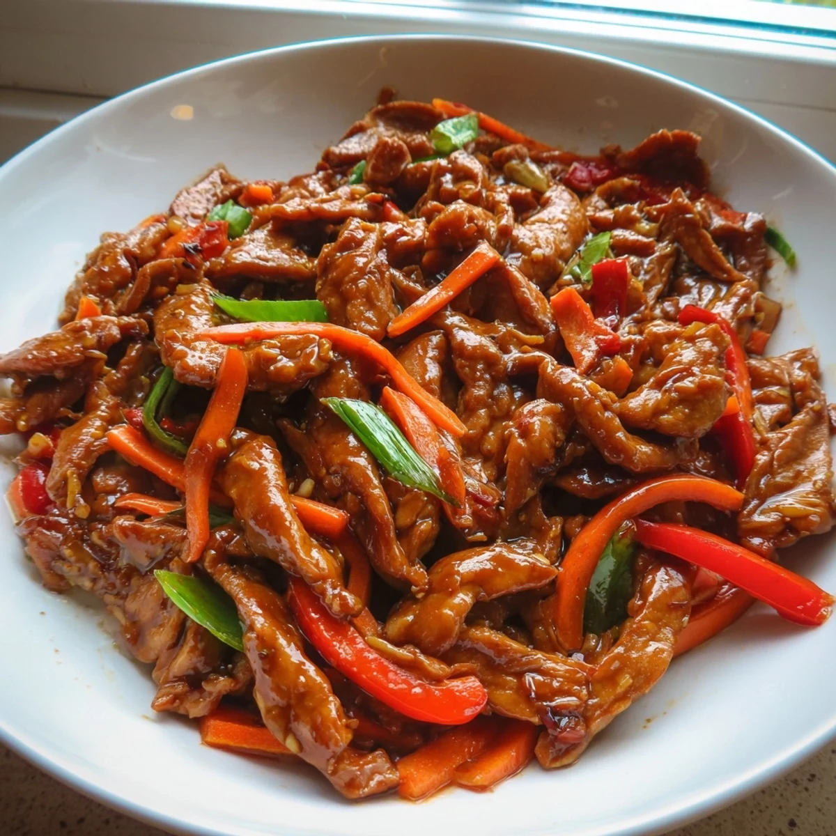 Close-up of stir fried Chinese garlic chicken coated in rich garlicky glaze with julienned carrots and fresh ginger