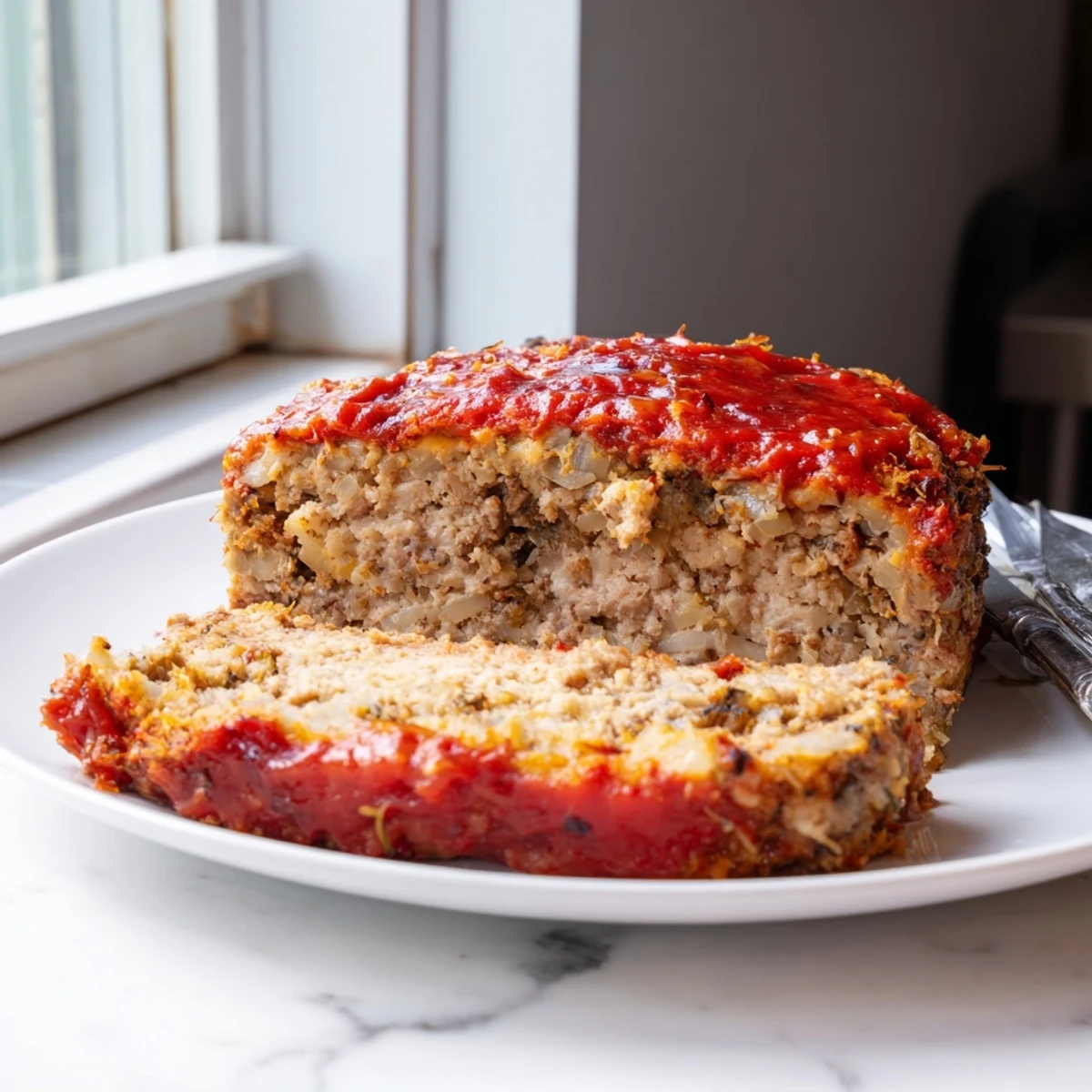 Golden Parmesan chicken meatloaf sliced thick with tangy tomato glaze on a rustic plate