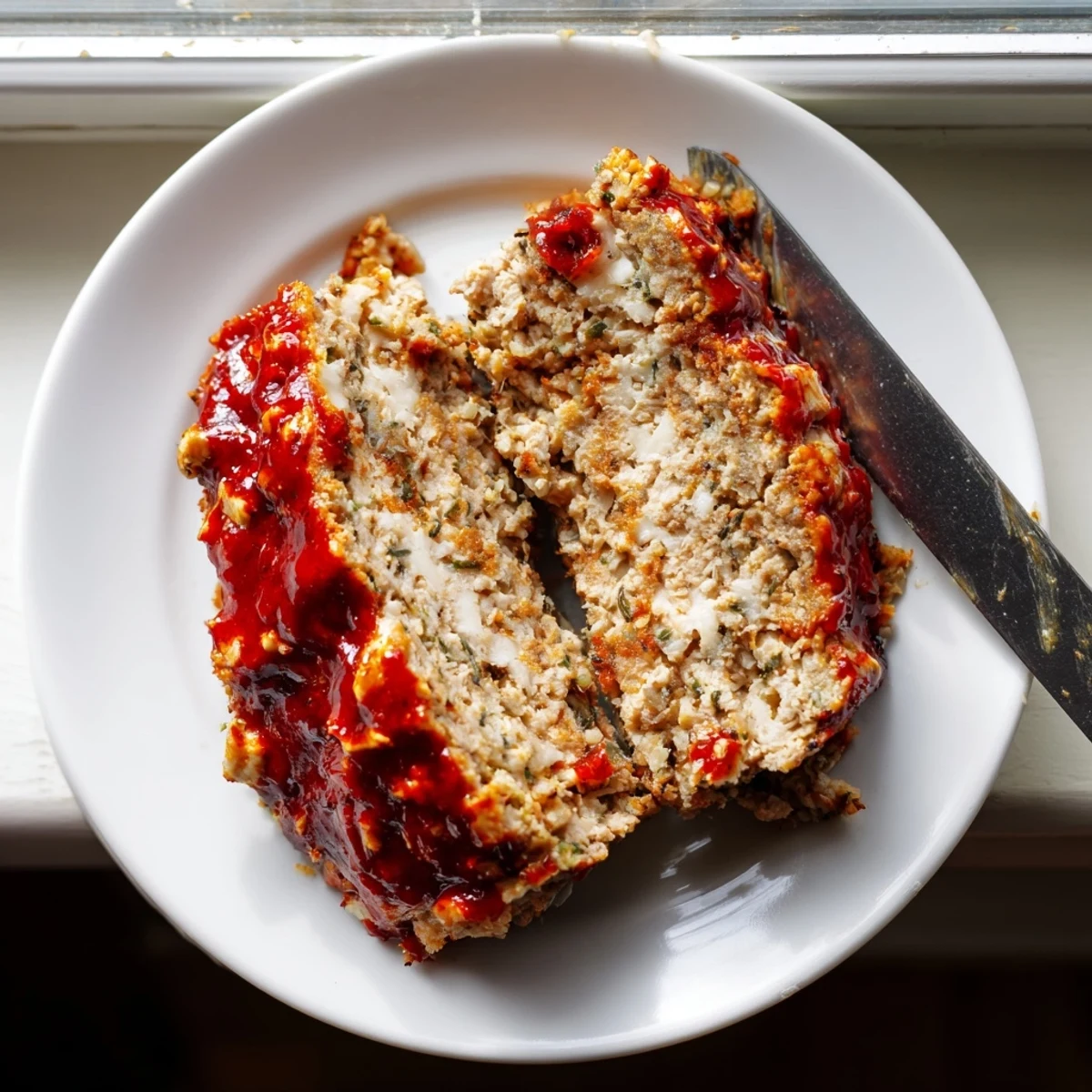 Juicy Parmesan chicken meatloaf fresh from the oven topped with bubbling melted cheese