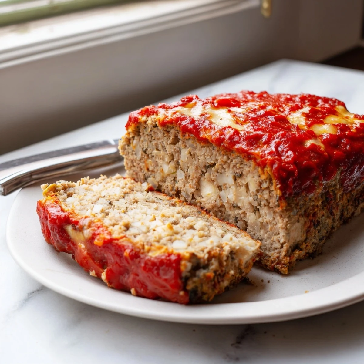 Hearty Parmesan chicken meatloaf served with garlic mashed potatoes and fresh parsley garnish