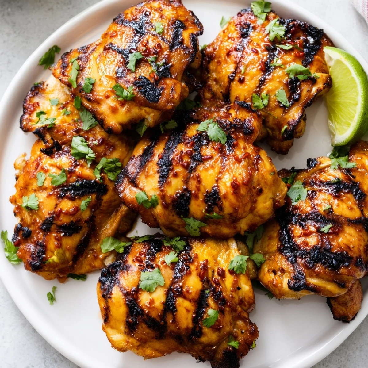 Golden sweet n spicy grilled chicken thighs garnished with fresh cilantro and lime wedges