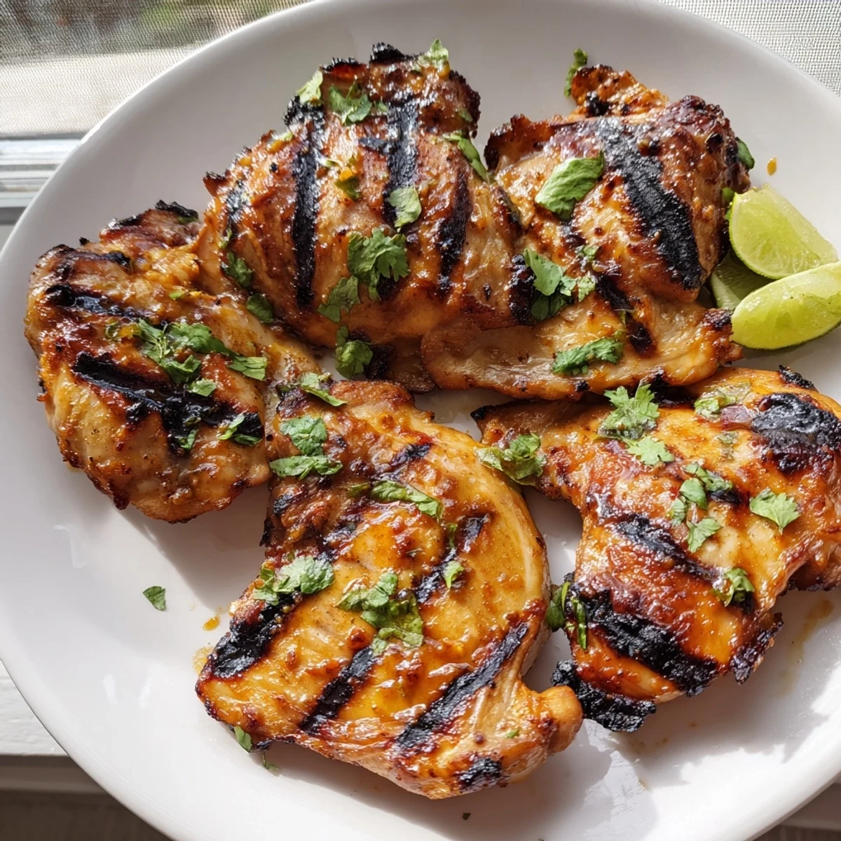 Charred sweet n spicy grilled chicken thighs with glossy honey glaze on a smoky grill grate