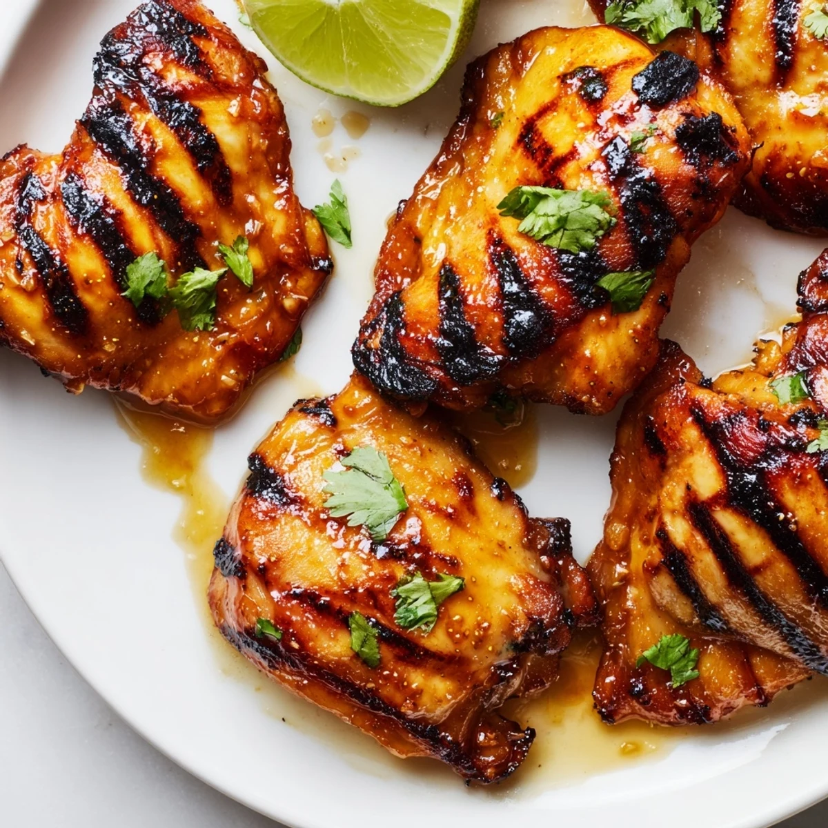 Juicy caramelized sweet n spicy grilled chicken thighs with crisp skin resting on a platter