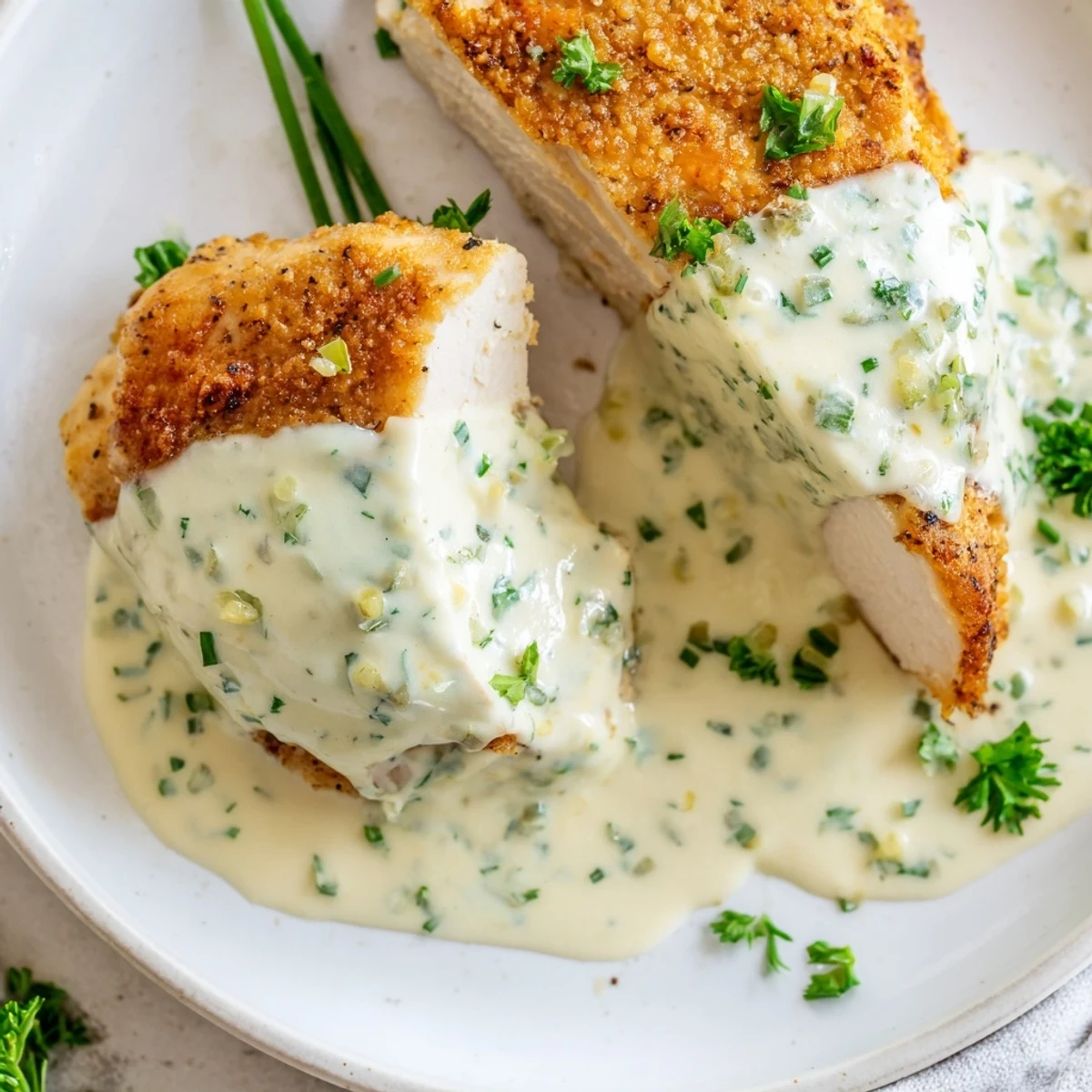 Creamy Boursin chicken with garlic and fine herbs on a white plate