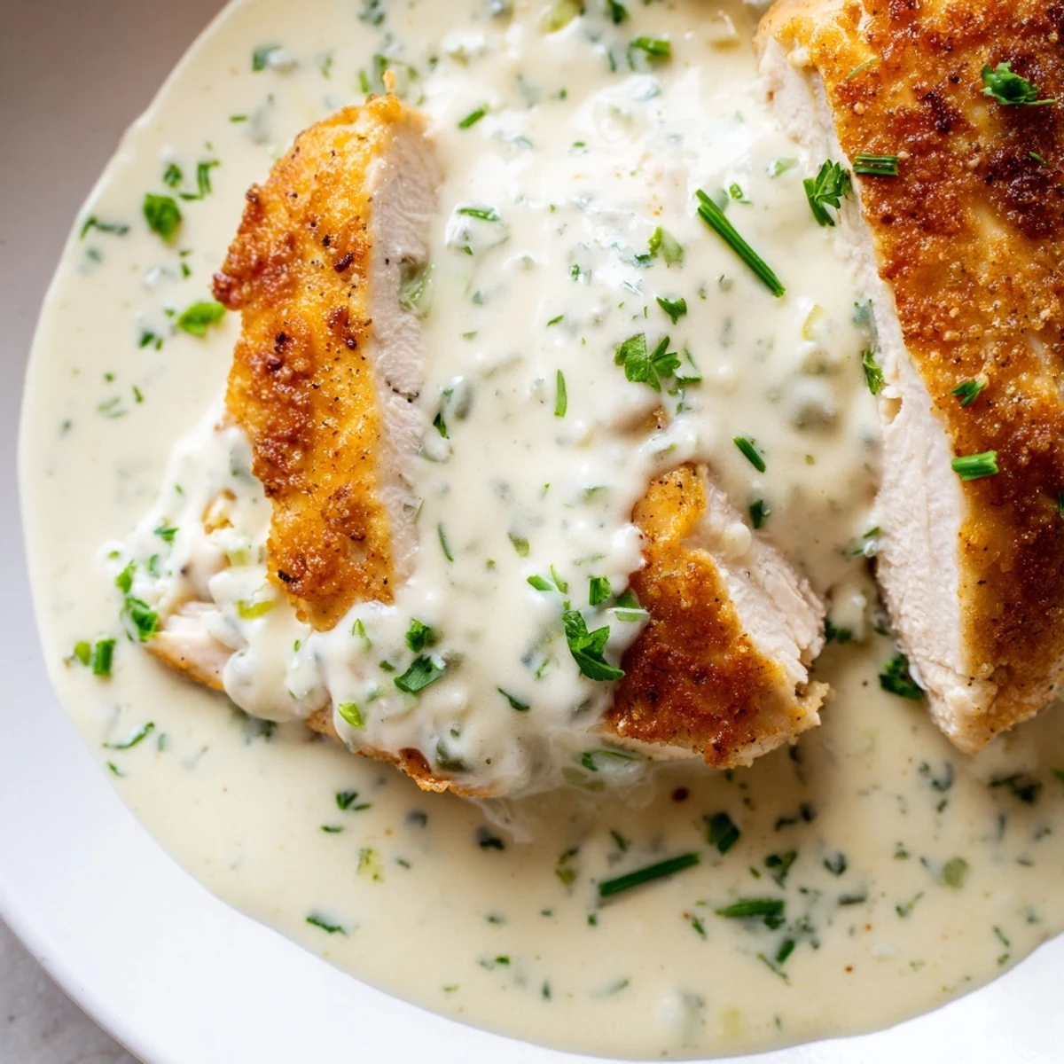 Pan-seared chicken breast smothered in melted Boursin cheese sauce with herbs