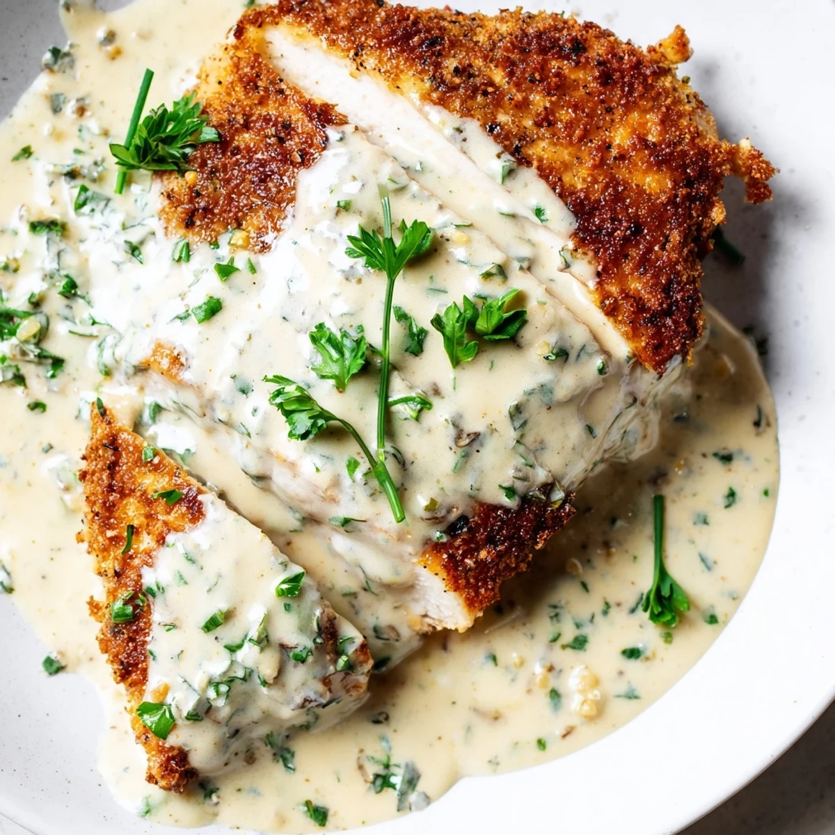 Golden chicken with Boursin sauce drizzled over mashed potatoes and fresh parsley