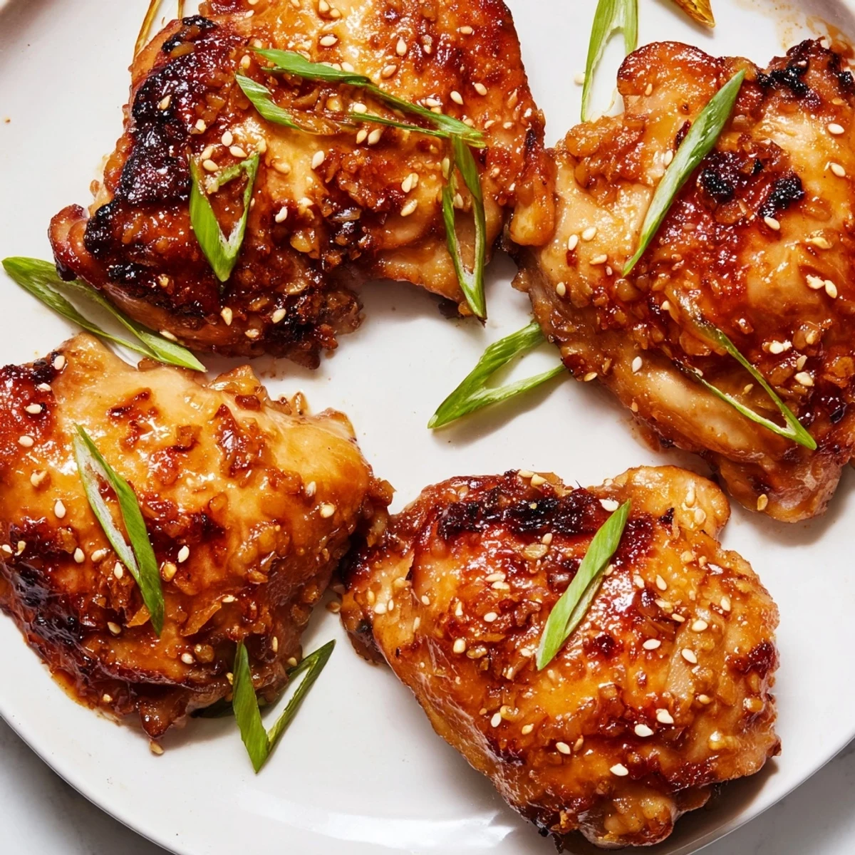 Golden ginger garlic chicken thighs glistening with caramelized marinade on a rustic baking dish