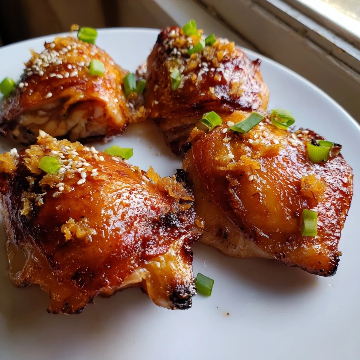 Crispy-skinned ginger garlic chicken thighs garnished with green onions on a sheet pan