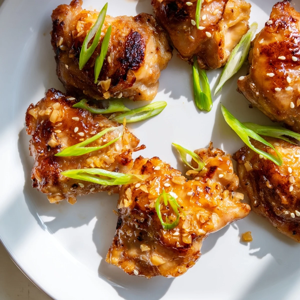 Juicy ginger garlic chicken thighs drizzled with sticky honey soy glaze ready to serve