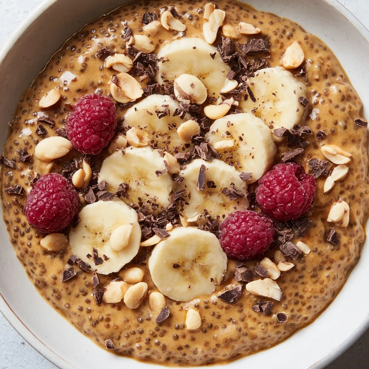 Rich peanut butter chia pudding garnished with dark chocolate shavings in a bowl