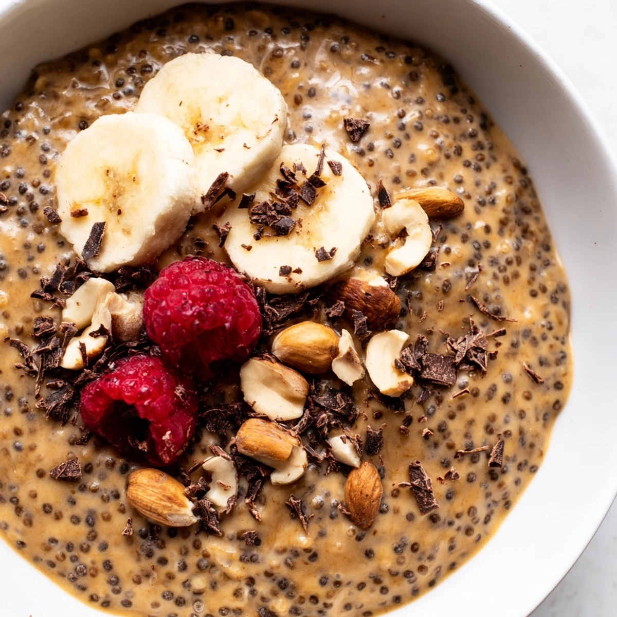 Thick peanut butter chia pudding served in a glass jar with berries